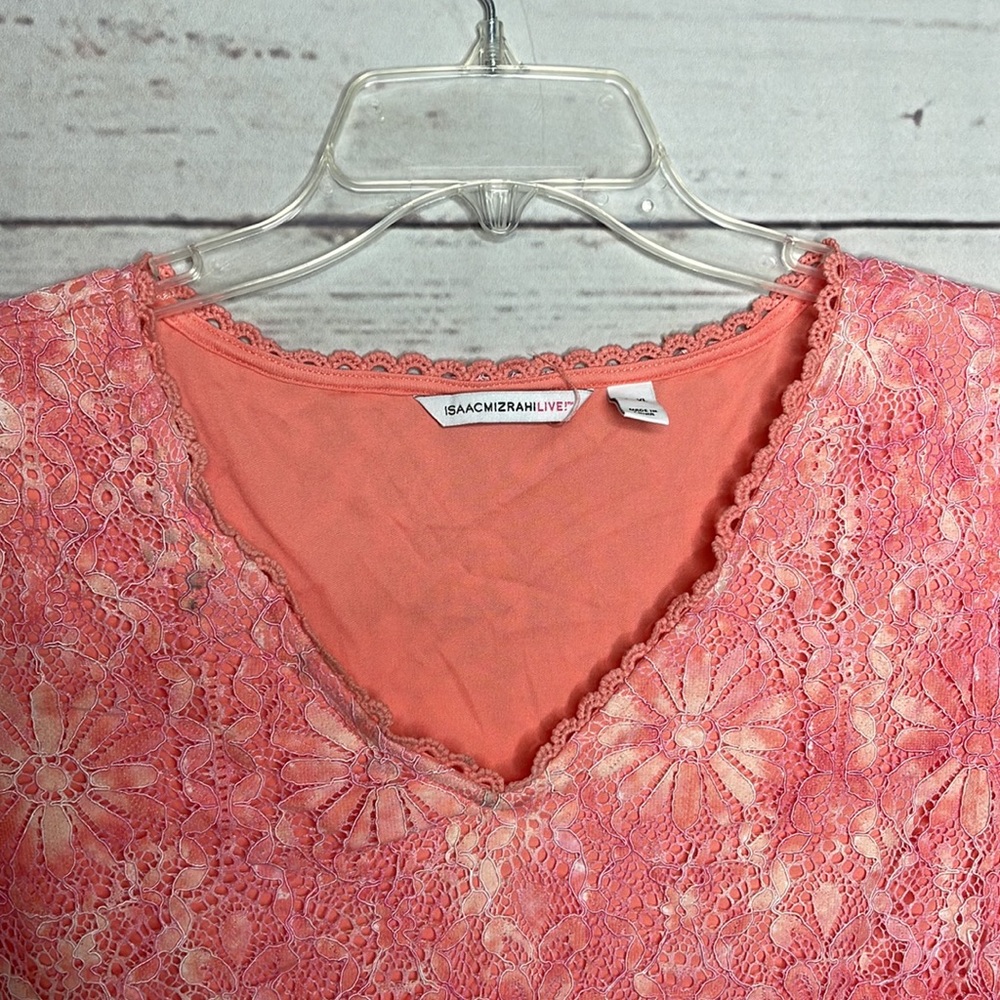 Isaac Mizrahi Live Peachy Pink Lined Lace V Neck S/S Blouse Sz XL! - Picture 4 of 8